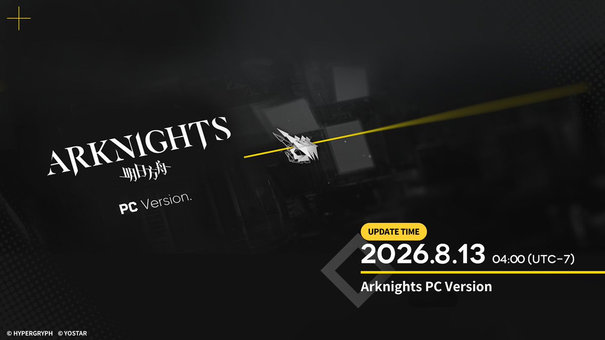 ArknightsEN's tweet photo. Dear Doctor,

The PC version of Arknights is coming on August 13, 2026, 04:00 (UTC-7).

To play on PC, please download the installer from the official Arknights website. After installation, you can launch the game through the launcher.

System Requirements:
◆OS: Windows 10 (64-bit) or Windows 11 (64-bit)
◆CPU：
Minimum: Intel Core i3-6100 or equivalent
Recommended: Intel Core i5-8400 or equivalent
◆GPU：
Minimum: NVIDIA GeForce GTX 750 Ti or equivalent
Recommended: NVIDIA GeForce GTX 1060 or equivalent
◆Memory: 8 GB RAM
◆DirectX: Version 11.1 or above
◆Storage: 30 GB available space required. An additional 20 GB or more of free space is required during installation.
◆Other: Updating GPU drivers to the latest version is recommended

Thank you for your continued support of Arknights.

#Arknights #Yostar