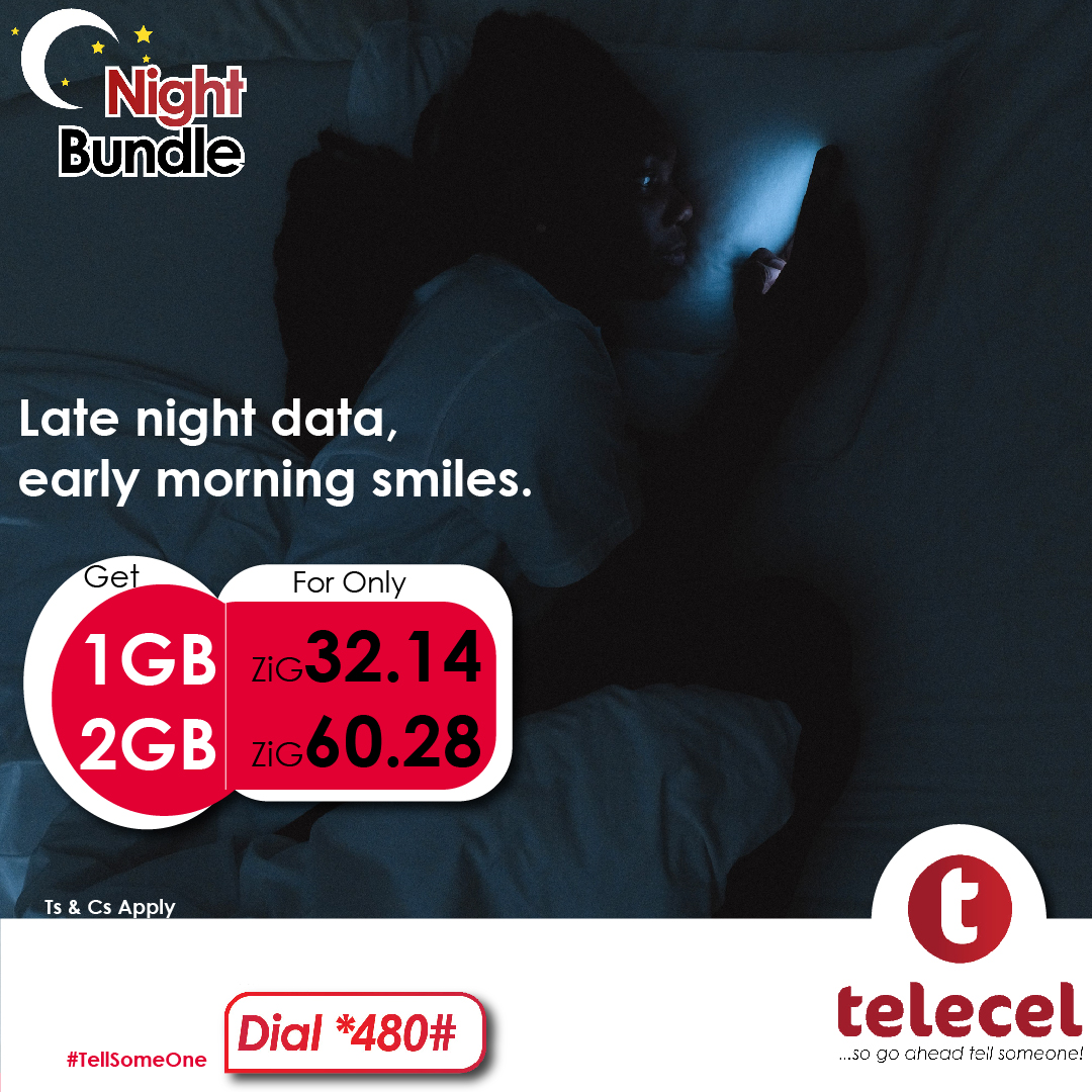 Telecel_Zim's tweet photo. Own the night with affordable Night Bundles! Download, stream, study, and browse till sunrise. Dial *480# today! Ts and Cs apply.
#NightBundle
#TellSomeone https://t.co/TB08OS91ad