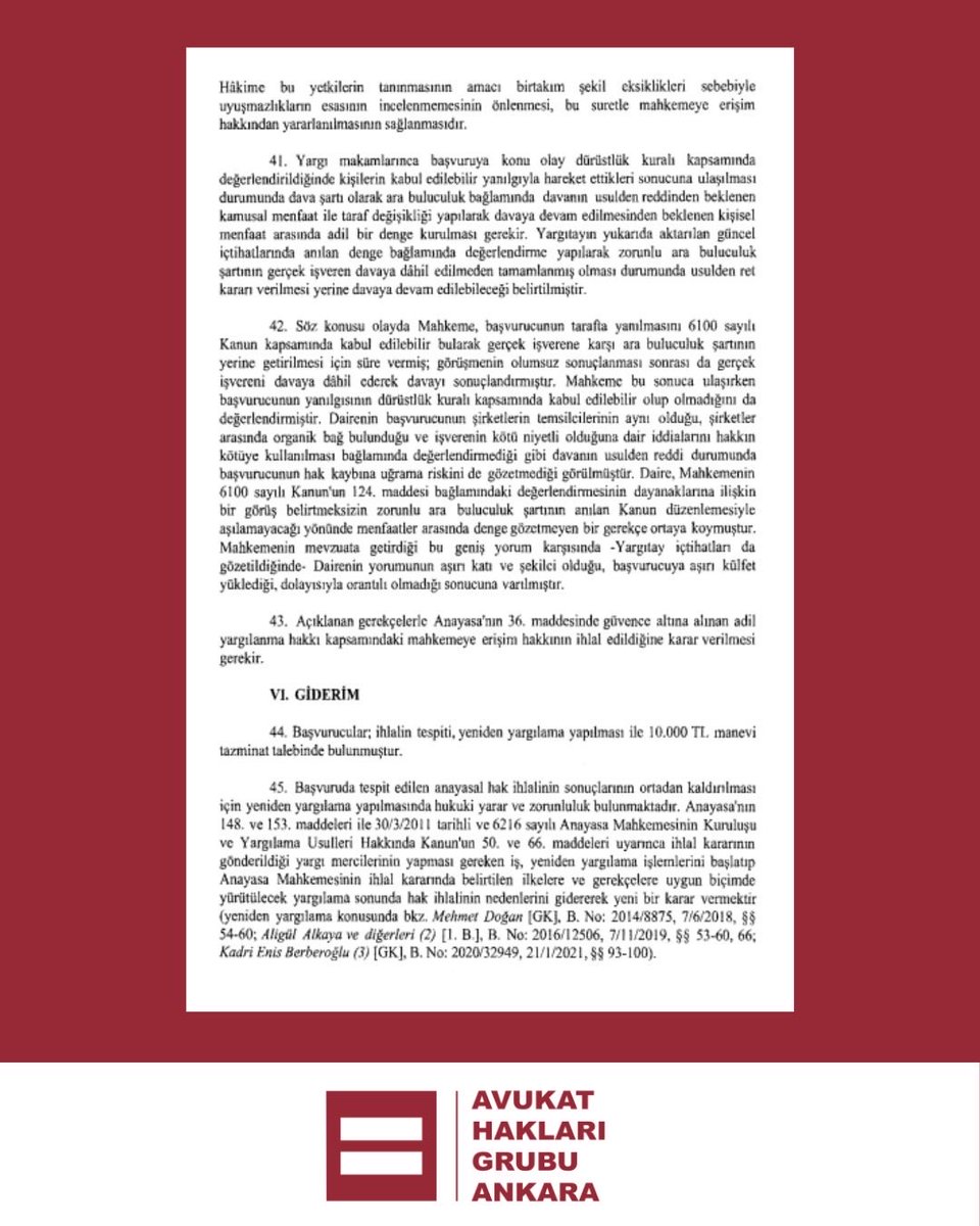 AHGAnkara's tweet photo. ⚠️ZORUNLU ARABULUCULUK BAŞVURULARI İÇİN ÖNEMLİ KARAR! 

📌 Anayasa Mahkemesi: İşverene yönelik zorunlu arabuluculuk eksikliğinin sonradan tamamlanmasına rağmen davanın usulden reddedilmesi, katı ve şekilci bir yaklaşımla mahkemeye erişim hakkını ihlal etmektedir.

🗒️Anayasa Mahkemesi, 2022/52228 Başvuru Numarası, 18/02/2026 Tarihli Kararı

🔗 https://t.co/v6YiDgqvCX