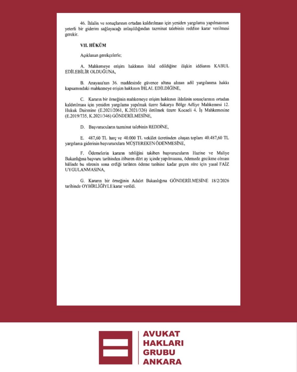 AHGAnkara's tweet photo. ⚠️ZORUNLU ARABULUCULUK BAŞVURULARI İÇİN ÖNEMLİ KARAR! 

📌 Anayasa Mahkemesi: İşverene yönelik zorunlu arabuluculuk eksikliğinin sonradan tamamlanmasına rağmen davanın usulden reddedilmesi, katı ve şekilci bir yaklaşımla mahkemeye erişim hakkını ihlal etmektedir.

🗒️Anayasa Mahkemesi, 2022/52228 Başvuru Numarası, 18/02/2026 Tarihli Kararı

🔗 https://t.co/v6YiDgqvCX