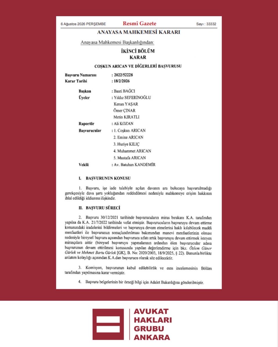 AHGAnkara's tweet photo. ⚠️ZORUNLU ARABULUCULUK BAŞVURULARI İÇİN ÖNEMLİ KARAR! 

📌 Anayasa Mahkemesi: İşverene yönelik zorunlu arabuluculuk eksikliğinin sonradan tamamlanmasına rağmen davanın usulden reddedilmesi, katı ve şekilci bir yaklaşımla mahkemeye erişim hakkını ihlal etmektedir.

🗒️Anayasa Mahkemesi, 2022/52228 Başvuru Numarası, 18/02/2026 Tarihli Kararı

🔗 https://t.co/v6YiDgqvCX