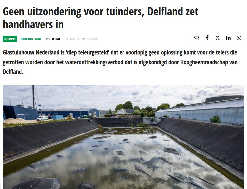 Miss_Royal73's tweet photo. Hoogheemraadschap Delfland stelt géén gezuiverd rioolwater uit de Zuid-Hollandse Harnaschpolder beschikbaar voor de teelt van #groenten en #bloemen. 🙄

‘Het is onbestaanbaar dat bruikbaar water naar zee wordt  gepompt, terwijl telers hun gewassen zien verdrogen’, stelt Jacco Vooijs, regiovoorzitter Glastuinbouw Westland en Oostland. ‘Wij vragen  om nog geen 5 procent van het water dat nu #ongebruikt wordt afgevoerd. Zonder dit water gaan binnen enkele dagen complete teelten verloren. 😞

#Tuinders kregen tot dinsdag middernacht de tijd om hun bassins te vullen. Hoogheemraadschap van Delfland zet vanaf woensdag #handhavers in  om te controleren of iedereen zich aan het onttrekkingsverbod houdt. 

Drie x raden wie hun watergebruik níet hoeven aan te passen... Precies, de #datacenters in hetzelfde gebied... Data is belangrijker dan onze #voedselvoorziening, duidelijk!