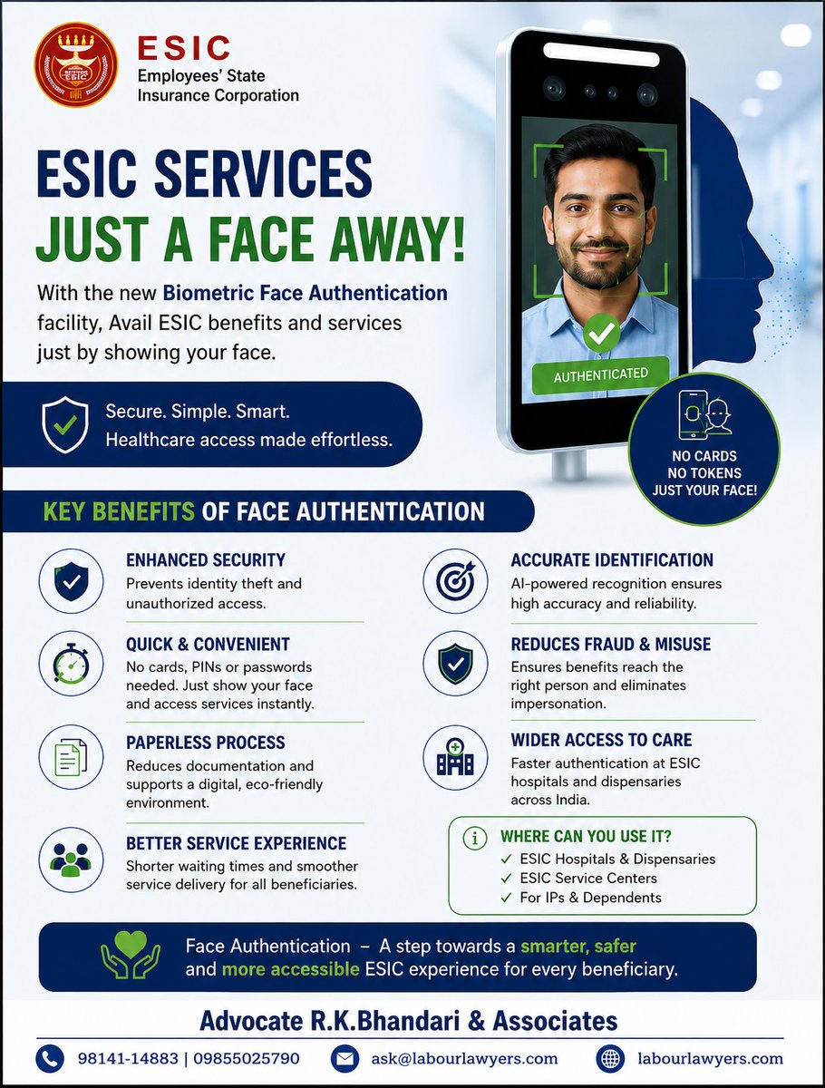 co_prabal's tweet photo. 📱✨ ESIC Services – Just a Face Away!

No cards. No tokens. No passwords. Just your face! ESIC's new Biometric Face Authentication makes healthcare access secure, simple, and smart for all IPs &amp; dependents. 🏥✅

📞 98141-14883 , 9855025790
📧 ask@labourlawyers.com https://t.co/oBYorwE1PH