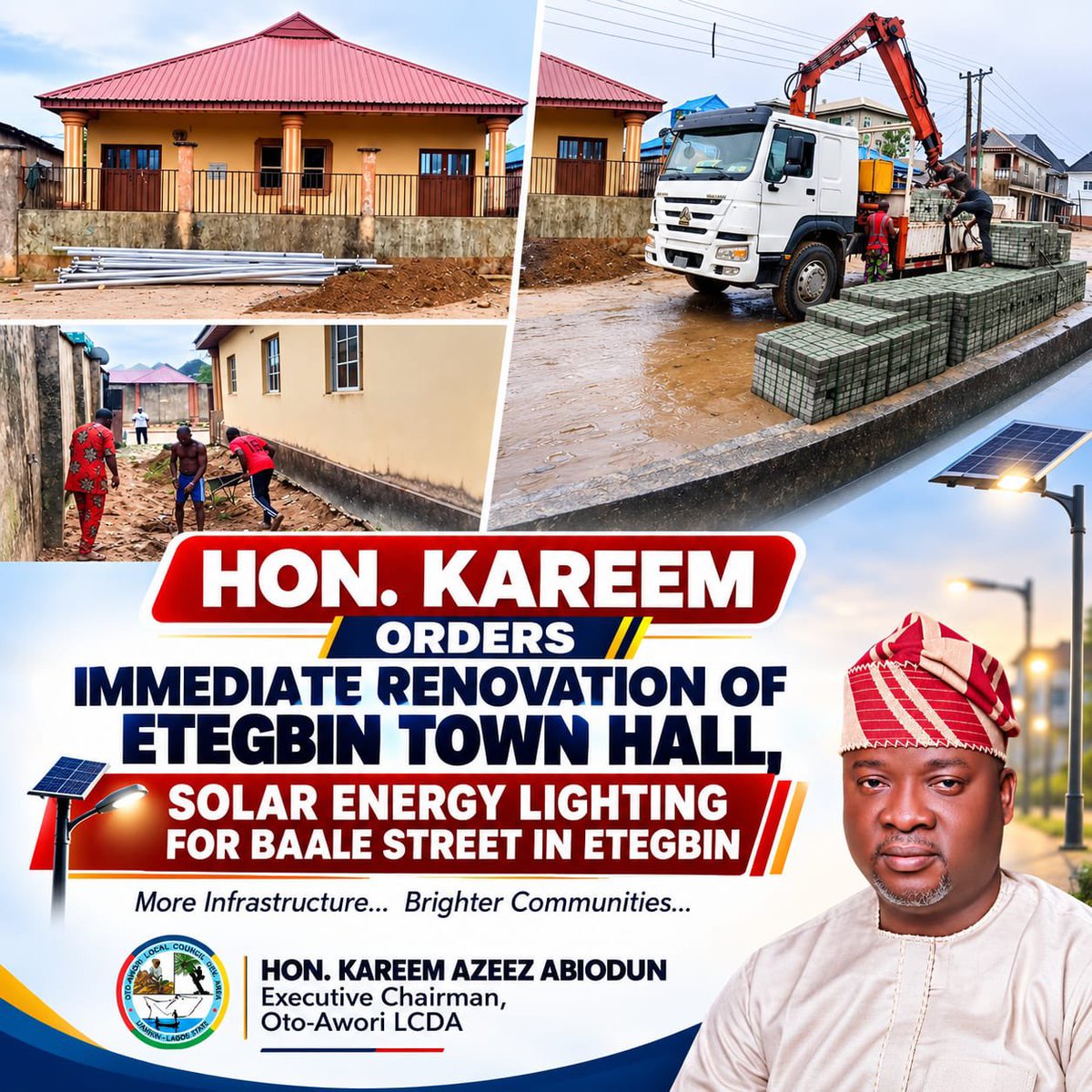 Hon_KareemAzeez's tweet photo. 🚧 RENOVATION OF ETEGBIN TOWN HALL + LIGHTING OF BAALE STREET BEGINS IMMEDIATELY.

After my assessment, I have ordered full renovation of Etegbin Town Hall + Lighting of Baale Street for security.  

More projects coming across Oto-Awori. @Mr_JAGs @jidesanwoolu @Riddwane @woye1 https://t.co/bPhtiwpDnt