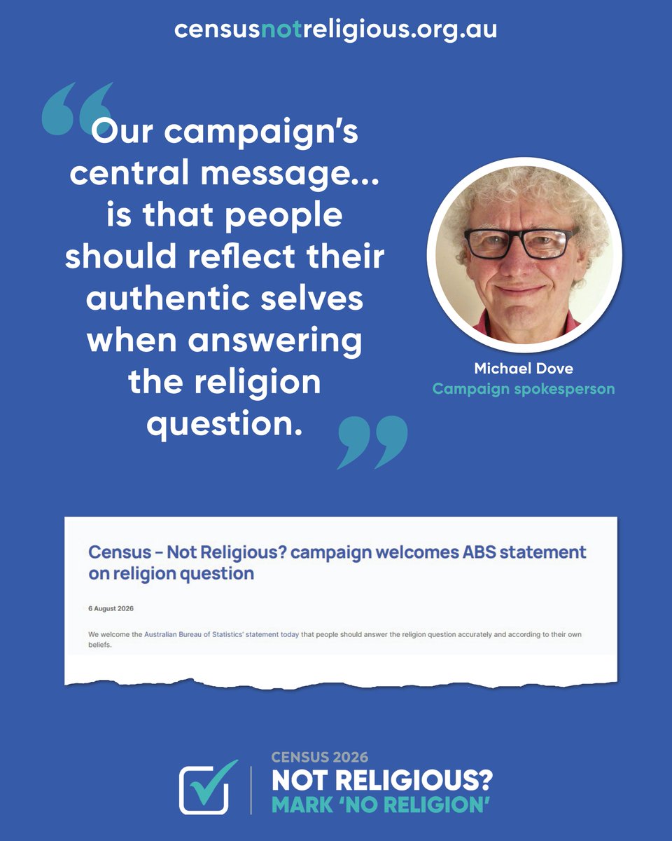 CensusNR's tweet photo. In comments on our website, we have welcomed the Australian Bureau of Statistics' statement today that people should answer the religion question accurately and according to their own beliefs. Read the full statement: https://t.co/y6Tacyuued
#Census26 #NotReligious #Census2026 https://t.co/dgkPQ8XP8W