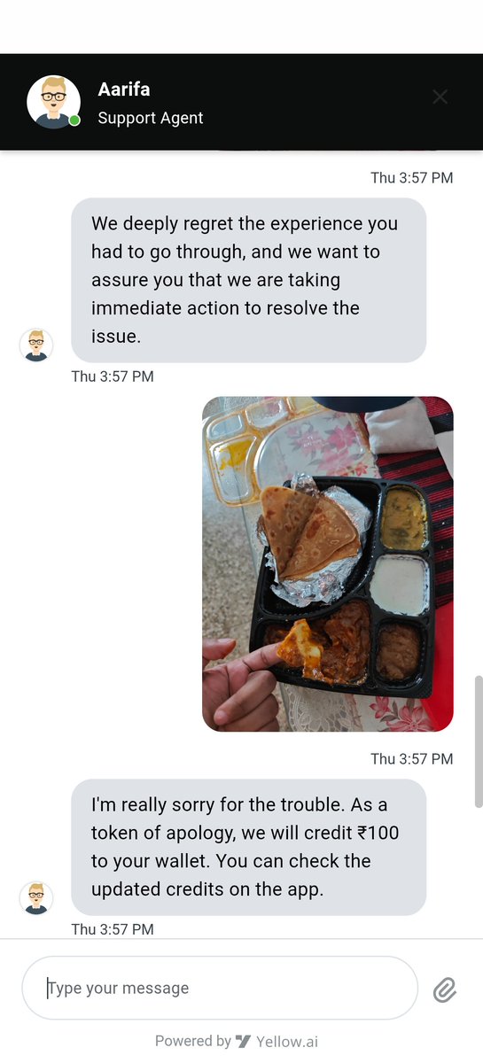 duggu_sapto's tweet photo. Thanks @EatClubApp for letting me know that no matter how much I spend, ₹100 is the max compensation I’ll get when YOU mess up my order!
Ordered a Chicken Thali, received the wrong food, and customer support thinks a ₹100 token fixes it. Never using this service again. 😤🚫 https://t.co/KTarfXKoS1