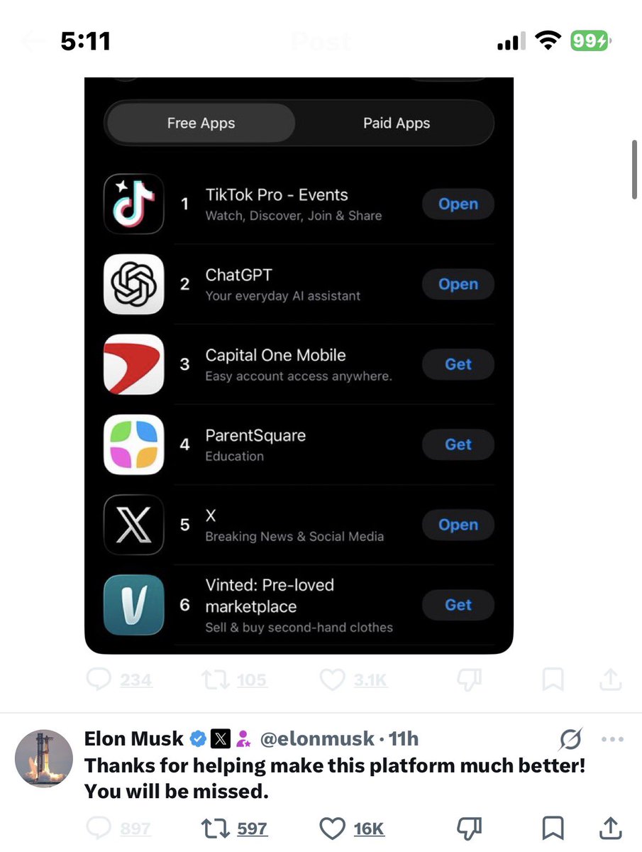 TickleTexts's tweet photo. 🔥💥 Bier Liar? 

Insiders at X say Elon caught Nikita falsifying user data and fired him via Slack. Elon made the decision within 15 minutes of confirmation and was removed from the building as security packed his belongings. 

A presentation video Nikita created for an internal review recently, before the SpaceX quarterly earnings, gave Elon concerns. He then called for an internal review by SpaceX executives.

When they presented Elon with their findings -  Nikita’s numbers  -  "4 to 5x over actual" including daily and monthly active, was falsely inflated.  As per Elon - security staff immediately shuttered Bier's email. 

Nikita often claimed X was the #1 App under his leadership. As we can see from this screenshot - it’s currently two places Capital One! 

“You will be missed”? So much for being retained as an ‘Advisor’. Not happening 😏