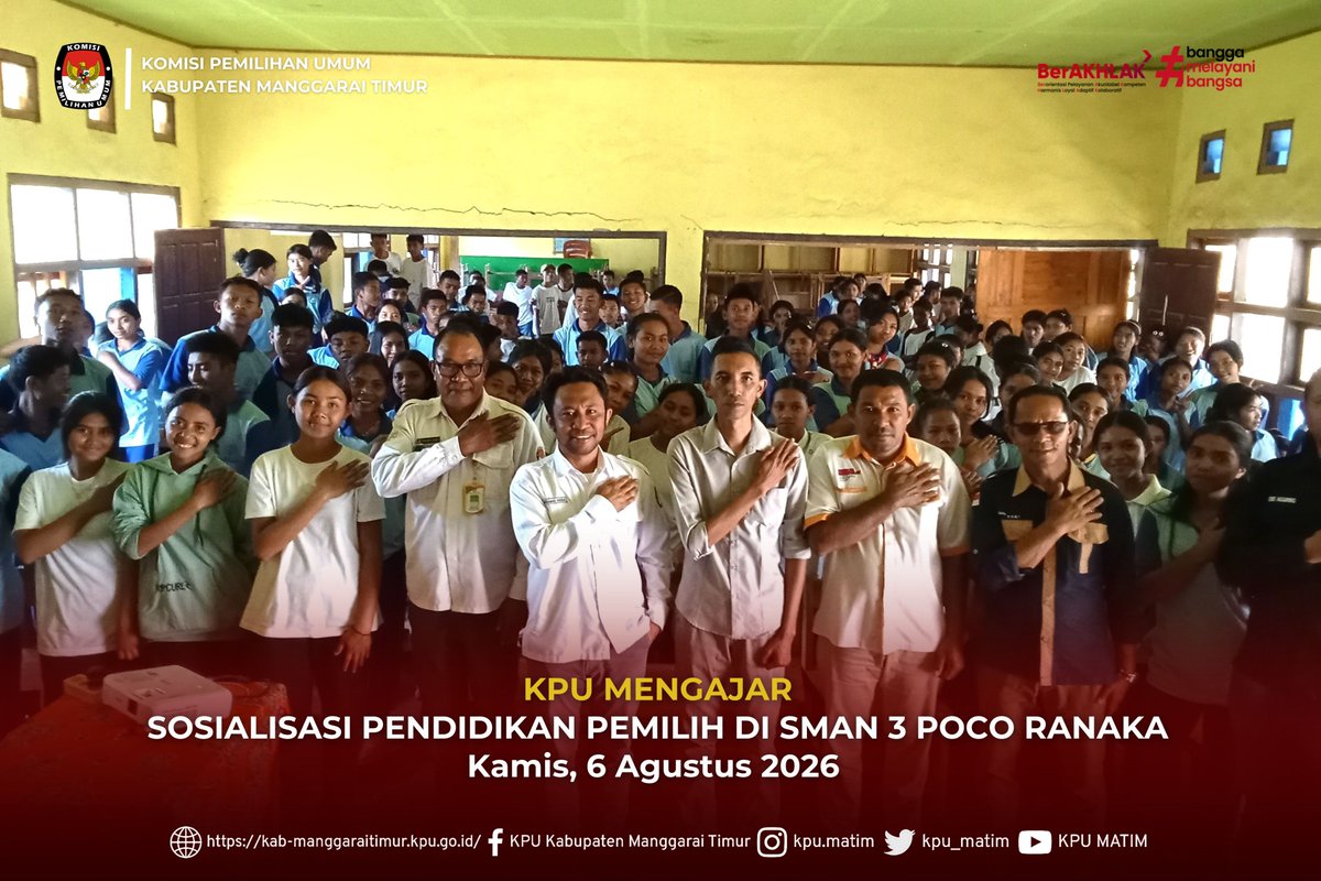 kpu_matim's tweet photo. #TemanPemilih, Ende, Ema, Ase, Kae, Lawa Manggarai Timur Ata Momang Dami

KPU Kabupaten Manggarai Timur laksanakan program KPU Mengajar di SMAN 3 Poco Ranaka, Kamis (6/8/2026). Berita selengkapnya kunjungi : 🌐Web: https://t.co/y65FeUWcp4

#kpumanggaraitimur
#kpumelayani https://t.co/aP9k1qhqSV