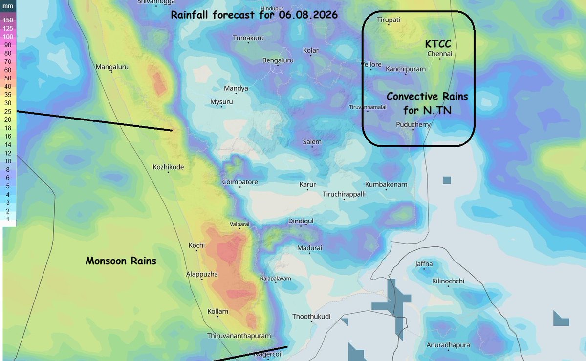 praddy06's tweet photo. KTCC (Chennai): 6 on 6 Looks very likely !!! 
-------------------------------
There are high chances of rain across KTCC (Chennai) today as well and it will make it 6 consecutive days where at least some part of Chennai has received rain.

As has been the case over the last five days, don't expect an all-day rain event. These will be the usual evening and night thunderstorms, with different parts of the city getting lucky on different days.

Keep an eye on the skies in evening and nights. Not all places will see rain, but some places in KTCC almost certainly will. That's how the convective rains happen. If your places miss today, you will get chance tomorrow.

Catchment areas of Periyar Dam, Valparai and also Cauvery catchment will get good rains today.