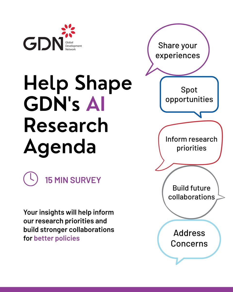 GDNint's tweet photo. Artificial Intelligence (AI) is transforming economies, societies, and institutions at an unprecedented pace. Yet global conversations on AI often lack local perspectives on what these changes mean, particularly across the Global South. 

As part of GDN's Research Facility on Inclusive Digital Transformation, we will launch a new AI research programme in 2027 to generate evidence that informs better policies and responses to these transformations. 

We invite you to complete a short survey (approximately 15 minutes) and share the AI debates, opportunities, and concerns you are seeing in your country and professional context. Your insights will help shape GDN's research priorities and identify opportunities for future collaboration and engagement through conferences, workshops, and partnerships.

Link to the survey: https://t.co/OxKJwzgaUO