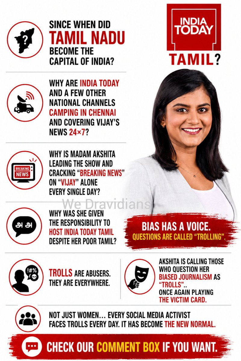 WeDravidians's tweet photo. 🚫Since when did Tamil Nadu become the capital of India?

🚫Why are India Today and a few other national channels camping in Chennai and covering Vijay’s news 24×7?

🚫Why is Madam Akshita leading the show and cracking “breaking news” on "Vijay" alone every single day?

🚫Why was she given the responsibility to host India Today Tamil despite her poor Tamil?

Trolls are abusers. They are everywhere.

Akshita is calling those who question her biased journalism as “trolls”..

once again playing the victim card.

Not just women… every social media activist faces trolls every day. It has become the new normal.

Check our comment box if you want.