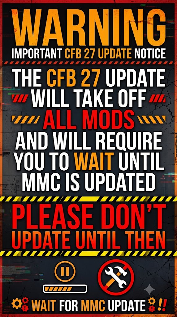 KingLenny's tweet photo. Just an Fyi for my PC gaming community out there for CFB 27.  Patch went out a out 4am this morning so go offline so you can continue with your mods and dont have to wait for the folks to update mods 🙂😏😬 #update #cfb27 #ea #easports #cfbupdate #mod #modding #pcmodding #pcmods https://t.co/yf1SOXLgbE