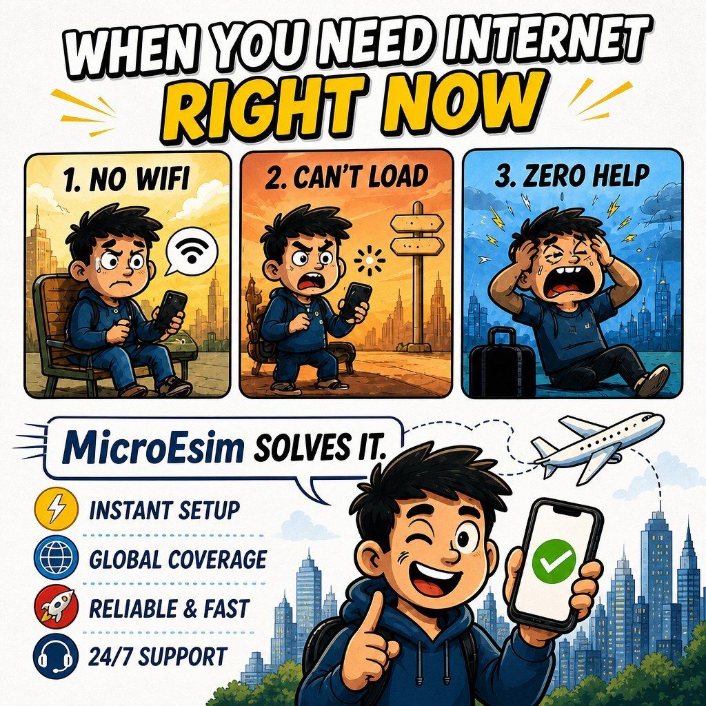 MicroEsim's tweet photo. From ~$1/day, you never have to beg for WiFi again. Instant eSIM, global coverage, reliable speed, 24/7 support — that's the whole deal. Install before you fly, connect the moment you land. No roaming surprises. https://t.co/ITeib59xmO