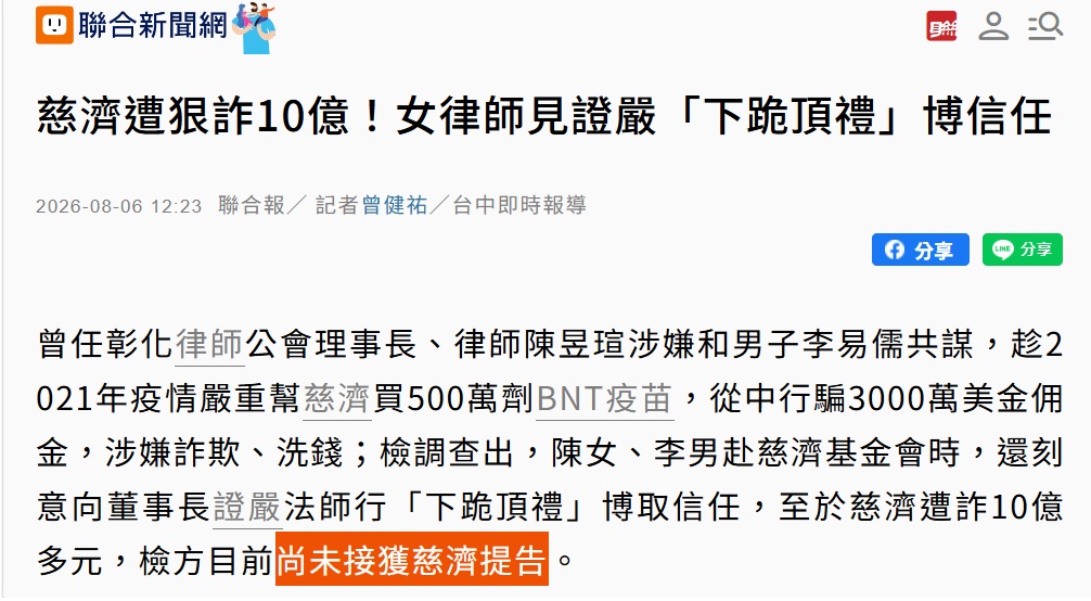 tseng_weichen's tweet photo. 慈濟被騙10億元為什麼不告
慈濟被騙10億元，是直到新聞報整天才說要告。但之前為何完全不在意？
是被騙10億元對慈濟就像掉10元一樣沒什麼？
還是慈濟買疫苗的目的只是要幫中國噁心民進黨政府，既然目的達成，在中國也常這樣被敲竹槓，所以算了？
或者要是被檢察官查帳，會發現被污走的是好幾個10億元？ https://t.co/MVEjqD4eM7