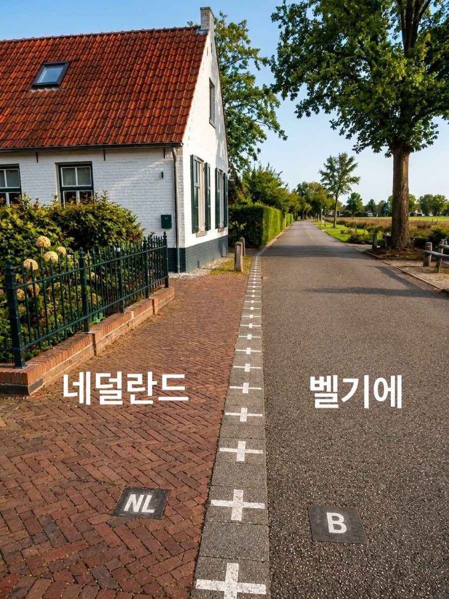 KTX7622's tweet photo. 네덜란드 - 벨기에
보도블록 위의 십자(+) 선과 국가 표지판('NL', 'B')으로 구분된 일상적인 길거리 국경입니다.

부탄 - 인도
도로 중앙의 개천을 사이에 두고 깨끗하게 정비된 길(부탄)과 쓰레기가 쌓인 길(인도)이 대조를 이룹니다.

​지브롤터 - 스페인
거대한 바위산(지브롤터) 앞 국경 검문소 도로를 통해 연결되어 있습니다.

​홍콩 - 중국
강의 유역을 따라 도시 건물군과 푸른 산림 지대로 나뉘어 있습니다.