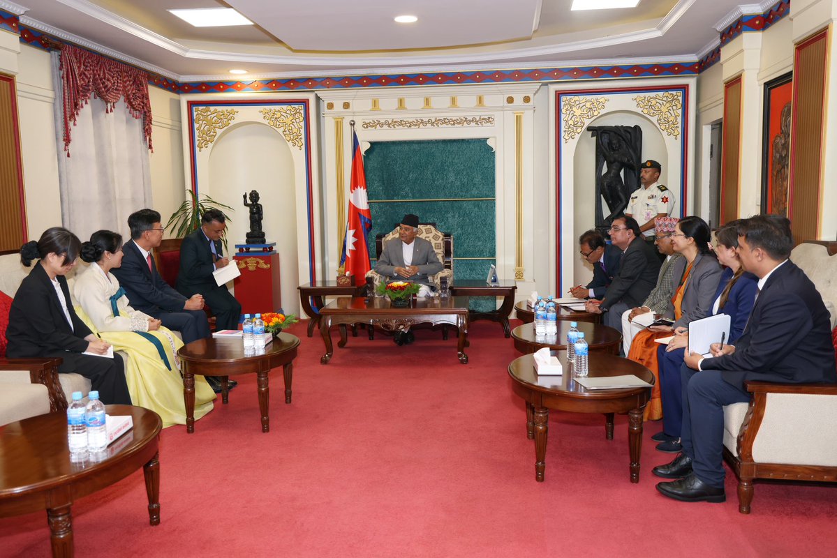 OOP_Nepal's tweet photo. The Ambassador of the Republic of Korea to Nepal, H.E. Mr. Park Taeyoung, paid a farewell call on the Rt. Hon. President of Nepal, Mr. Ramchandra Paudel, at the Office of the President today. https://t.co/wlkcrSmDZr