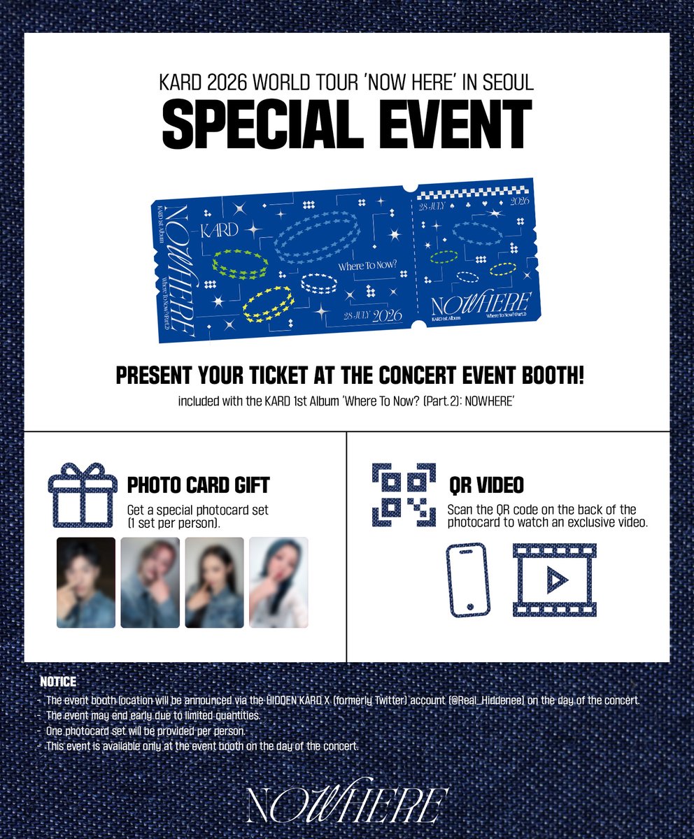 KARD_Official's tweet photo. [🔔]
KARD 2026 WORLD TOUR 'NOW HERE' IN SEOUL SPECIAL EVENT 안내 (+ENG)

🔗 https://t.co/dgT9dUd3GG

#KARD #카드
#NOWHERE #KARDinSEOUL #HYLIVE https://t.co/OjtDY6c2r0
