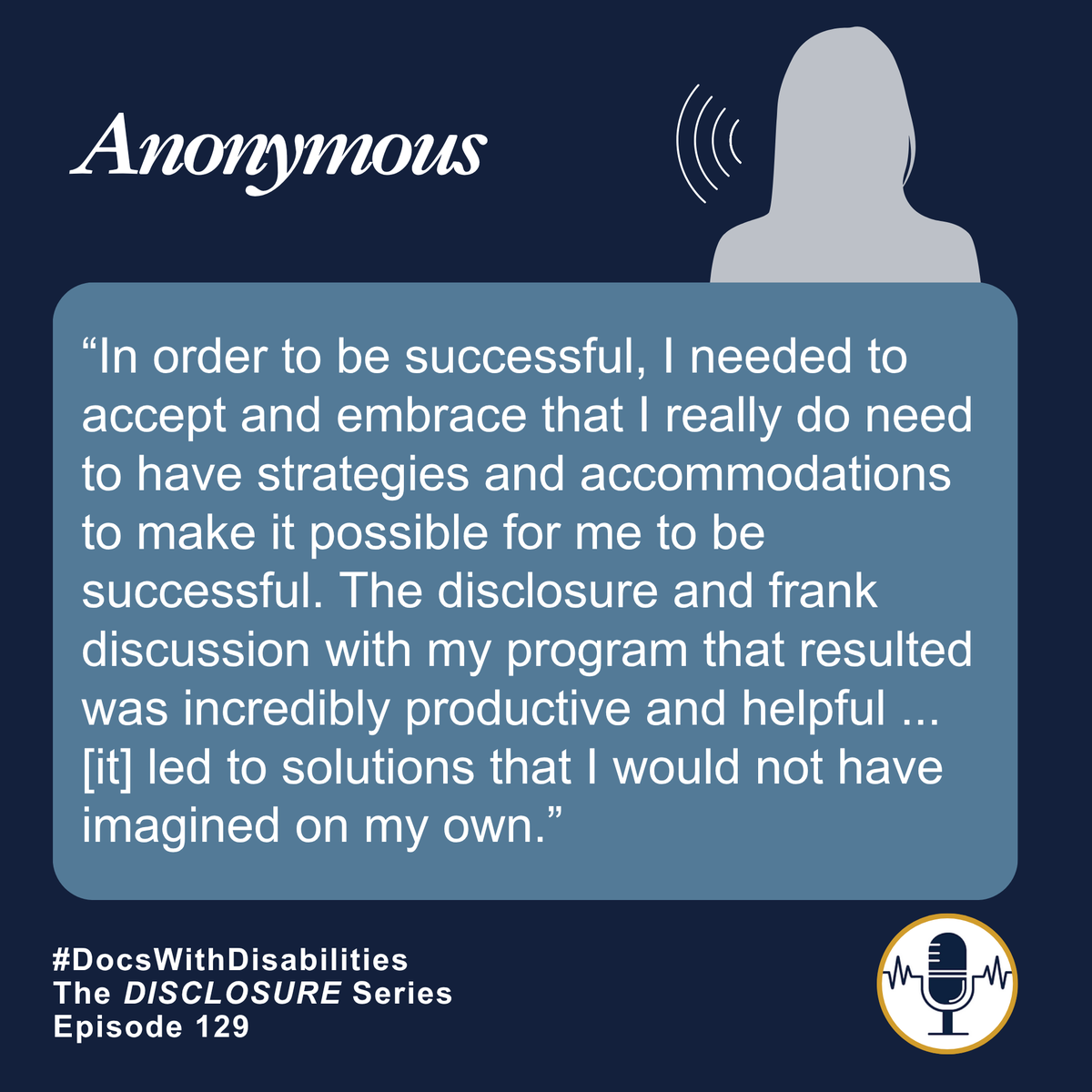 DocsWith's tweet photo. Many medical students who identify as disabled aren't diagnosed until after they begin medical school. A diagnosis can bring clarity—but also difficult questions about disclosure, stigma, and accommodations. 
🎧 https://t.co/uJt8ZkpbWQ 

#DocsWithDisabilities #Disclosure https://t.co/BDt6HEXKJR