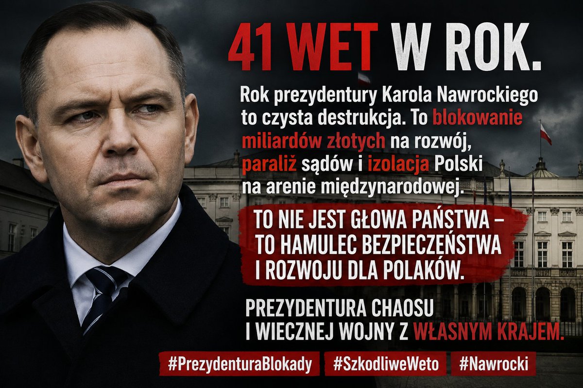 Asyr64's tweet photo. Wiemy już, jakim jest prezydentem, i jakim będzie przez kolejne lata. Wiemy też, czego się spodziewać. To bezwzględny hamulec dla rozwoju Polaków! Szkodliwe weta, miliardy zablokowane na rozwój kraju i celowa, destrukcyjna wojna z własną ojczyzną. #weta #polityka https://t.co/91czkV3mXw