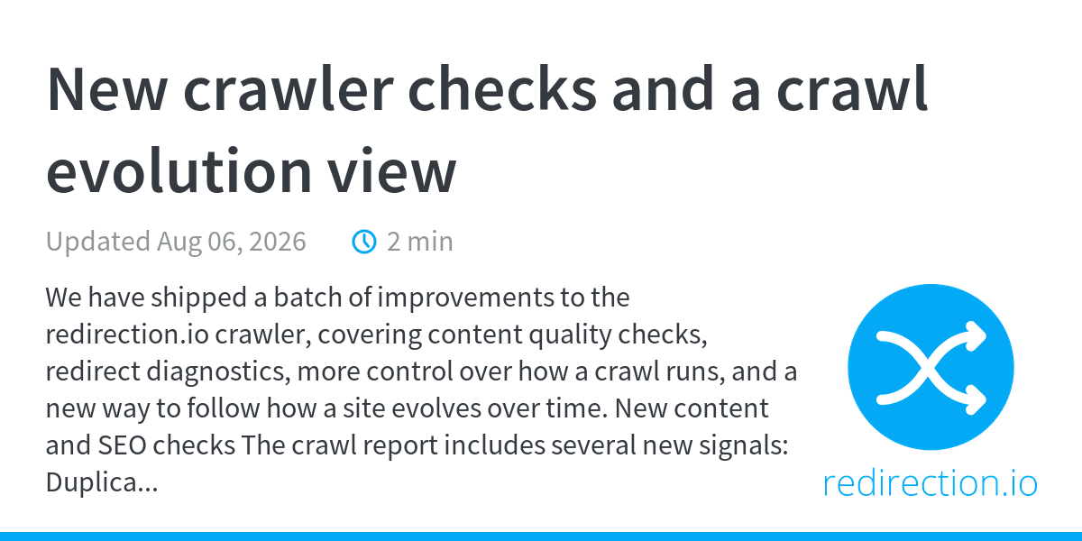 redirectionio's tweet photo. The https://t.co/1RTmyf8sfo crawler now detects duplicate content with simhash fingerprints, flags redirect loops and redirects to an error, and tracks how a project's score changes between crawls.

https://t.co/oiKqCFsBFy https://t.co/7WWFm50k0S
