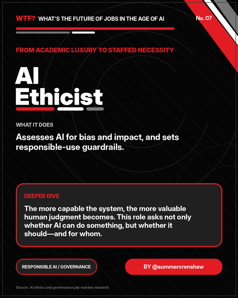 SummerCrenshaw's tweet photo. From academic luxury to staffed necessity

AI Ethicist

What it does: Assesses AI for bias and impact, and sets responsible-use guardrails. https://t.co/1pjlSQiAMv