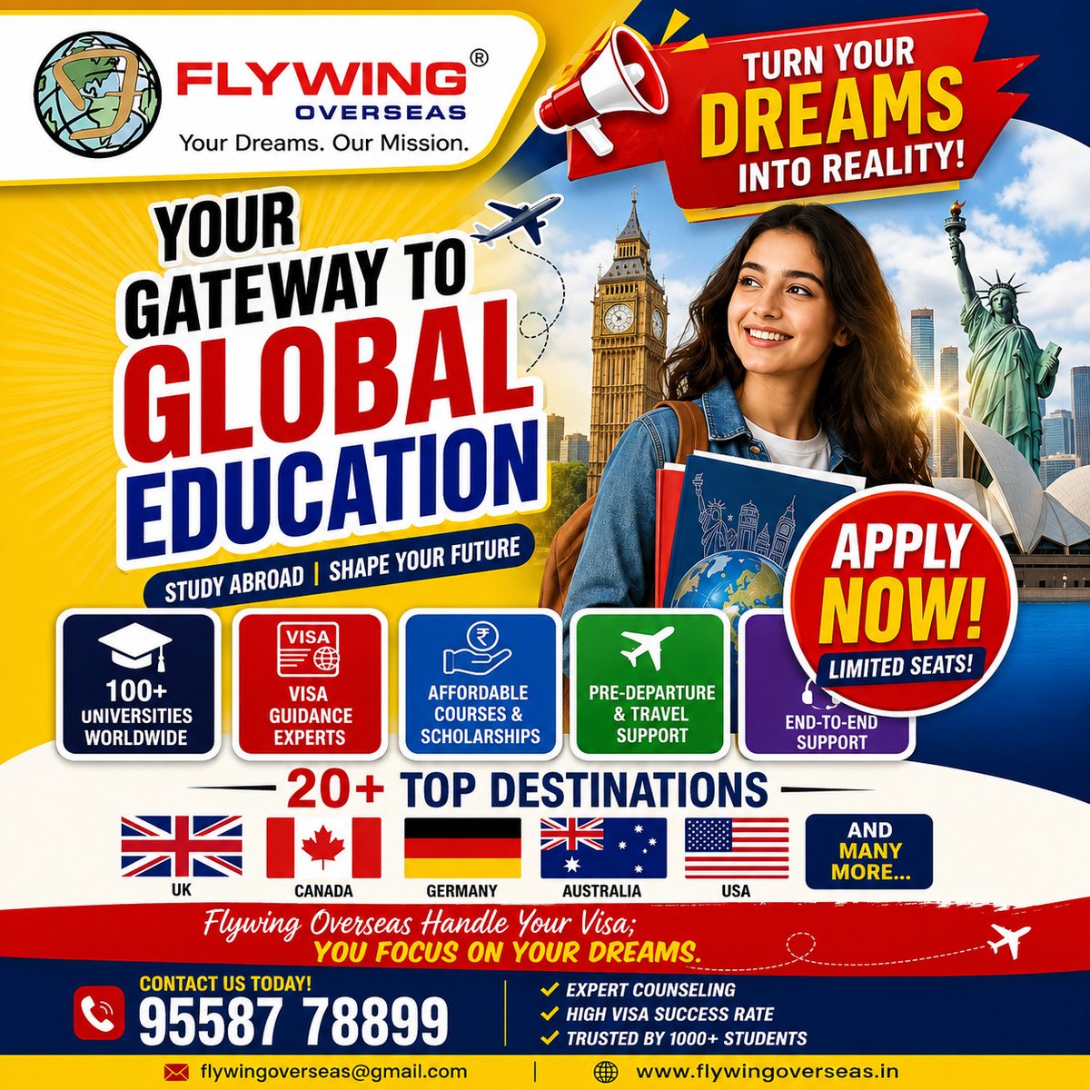 FlywingOverseas's tweet photo. "Your dream of studying abroad starts here—Flywing Overseas guides you from admission to visa, making your global education journey simple and successful. ✈️🎓"#StudyAbroad #StudyOverseas #GlobalEducation #usa #uk #InternationalStudents #StudentVisa #CareerGrowth https://t.co/h6CEeCZadw