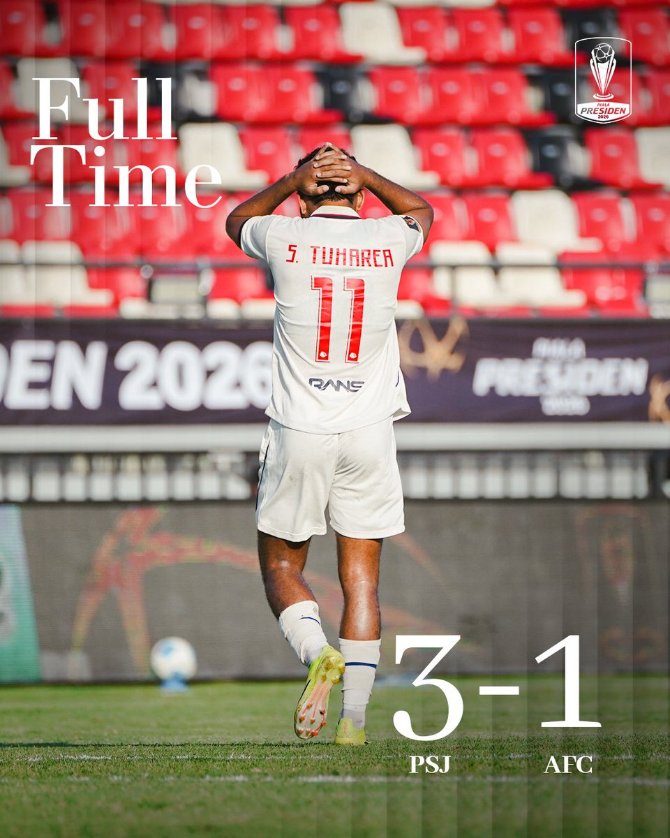 AremafcOfficial's tweet photo. 𝐈𝐭’𝐬 𝐍𝐨𝐭 𝐎𝐯𝐞𝐫…
Ft, Persija 3-1 Arema FC 

⚽️ Salim Tuharea

#AremaFC #AremaDay #SalamSatuJiwa #TH39REATNESS #PialaPresiden2026 https://t.co/pz4ozPnvP2