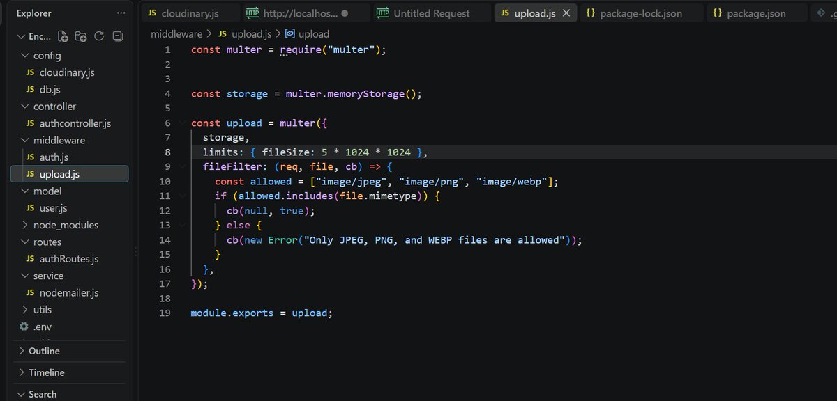 ferzherzee's tweet photo. Documenting my backend journey 

Added image upload to a signup flow today using Multer + Cloudinary. Files get validated (type + size) in memory, converted to a data URI, uploaded, then only the secure URL gets saved to MongoDB ... never the raw file.

#buildinpublic https://t.co/0j3pCOmP7K