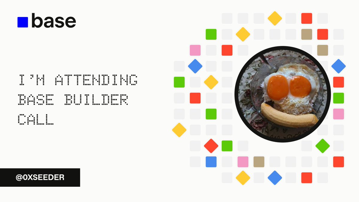 0xseeder's tweet photo. I’m attending the @base Builder Call as well.   Thursday, 11AM EST.

Create your card: https://t.co/F6M5pkGMdr

https://t.co/XkxdSuZjln
Base feels like something big is coming. https://t.co/FdbuT6SB9e