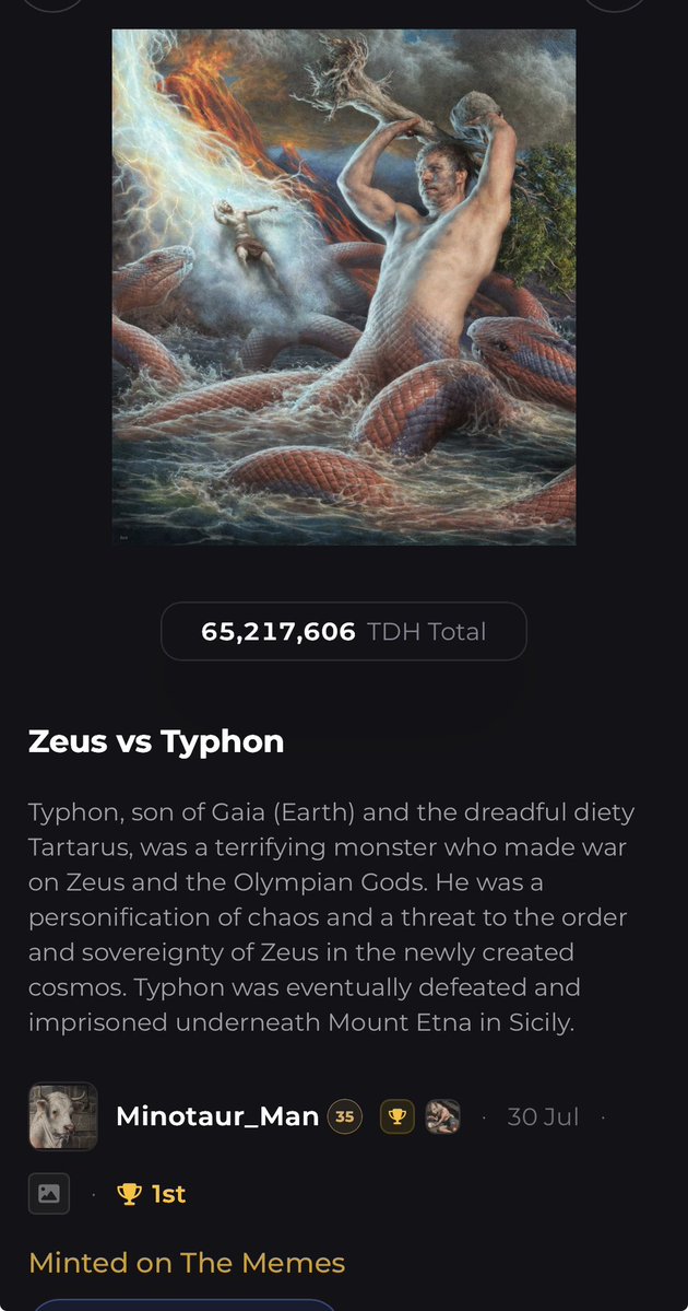 Minotaur_Man's tweet photo. GM

‘Zeus vs Typhon’ has been chosen as winner on the @6529Collections main stage and is minted as card no 532!! 🤘

It goes live tomorrow at 10:40 ET/ 15:40 BST and can be collected for 24hrs. 
Many thanks to all who voted and supported my submission. 🙏❤️ https://t.co/Ib2V2Wx7Tp