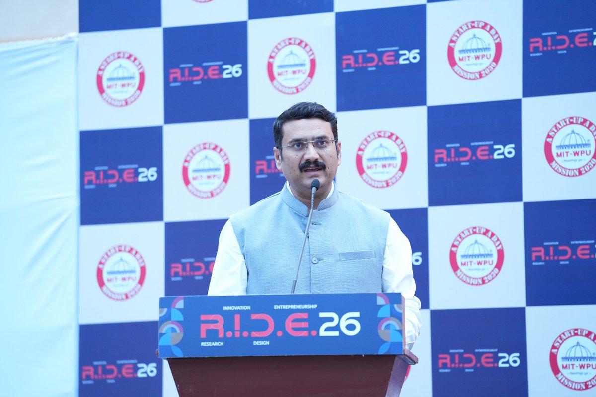 MSInSociety's tweet photo. Maharashtra State Innovation Society (MSInS) was privileged to participate in R.I.D.E. 2026 (Research, Innovation, Design & Entrepreneurship), hosted by MIT World Peace University, Pune. Dr. Shrikant Patil, Chief Executive Officer, MSInS, graced the event as the Chief Guest and addressed students, researchers, innovators, and aspiring entrepreneurs.

In his address, he emphasized the need for stronger collaboration among academia, industry, startups, and government to foster a vibrant and inclusive innovation ecosystem. 

The enthusiasm, creativity, and innovative spirit demonstrated by the participants reaffirmed Maharashtra’s immense potential to lead India’s innovation driven future.