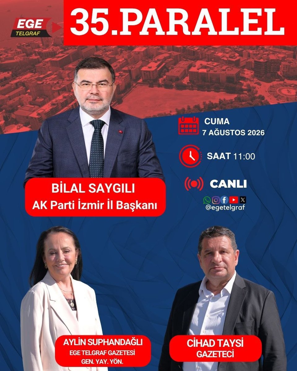 Bilalsaygili's tweet photo. Yarın saat 11.00’de, Gazeteciler Aylin Suphandağlı ve Cihad Taysi’nin sunumuyla Ege Telgraf ekranlarında yayınlanan “35. Paralel” programının canlı yayın konuğu olacağız.

Gündeme dair değerlendirmelerimizi ve şehrimize ilişkin görüşlerimizi paylaşacağımız programa tüm hemşehrilerimizi bekliyoruz.

📍 Yarın | 11.00
📺 Ege Telgraf – 35. Paralel