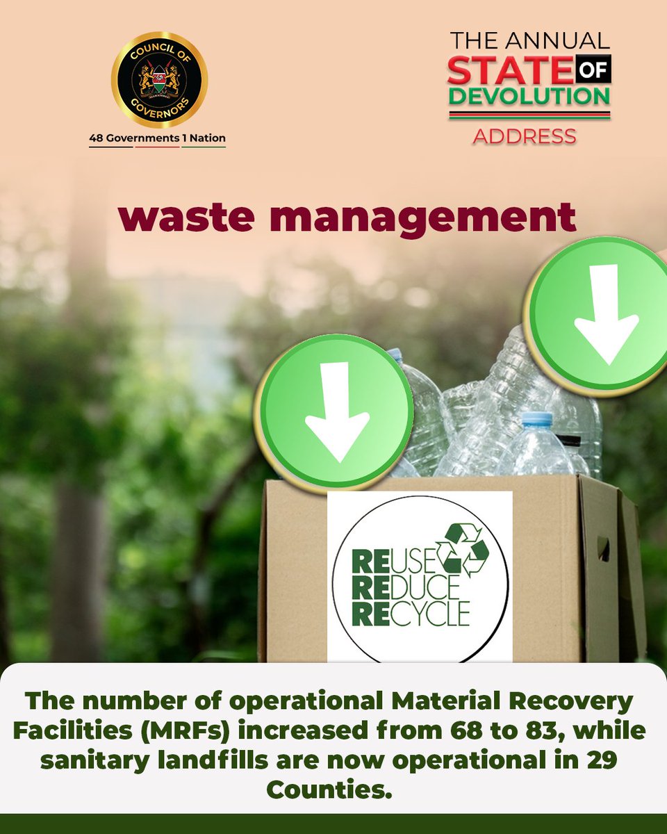 maarifa_centre's tweet photo. Counties allocated Kshs 3.1 billion to environmental management and expanded Material Recovery Facilities from 68 to 83. Access to safely managed water reached 47.5% in rural areas and 57.85% in urban areas, with 5,112 boreholes now serving communities.

Read more through: https://t.co/vdmCf5pRyN

@KenyaGovernors 
#SODA2026