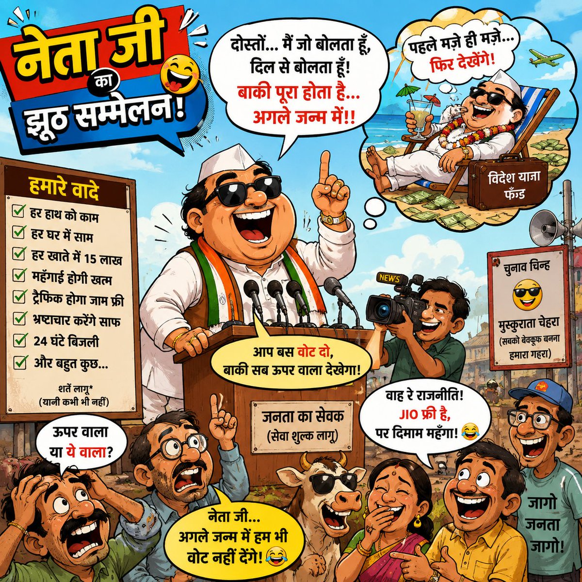 Ai_Funtastics's tweet photo. 😂 वादा इतना बड़ा कि Wi-Fi भी कनेक्ट न हो पाए! 📢

नेता जी का नया दावा: "काम अगले जन्म में होगा!" 😆
राजनीति हो या ज़िंदगी… कुछ वादे सिर्फ़ मीम बनने के लिए ही होते हैं! 🤣

😜 इस पोस्ट का सबसे मज़ेदार डायलॉग कौन सा लगा?
👇 अपनी फ़नी लाइन कमेंट में लिखिए और दोस्तों को टैग कीजिए!

❤️ Like • 🔁 Repost • 💬 Comment • 👥 Follow @AIFuntastics for daily AI cartoons, memes, fun facts & creative AI art.

#AI #Cartoon #Satire #Humor #Meme #Funny #Politics #AIFun #DigitalArt #Trending