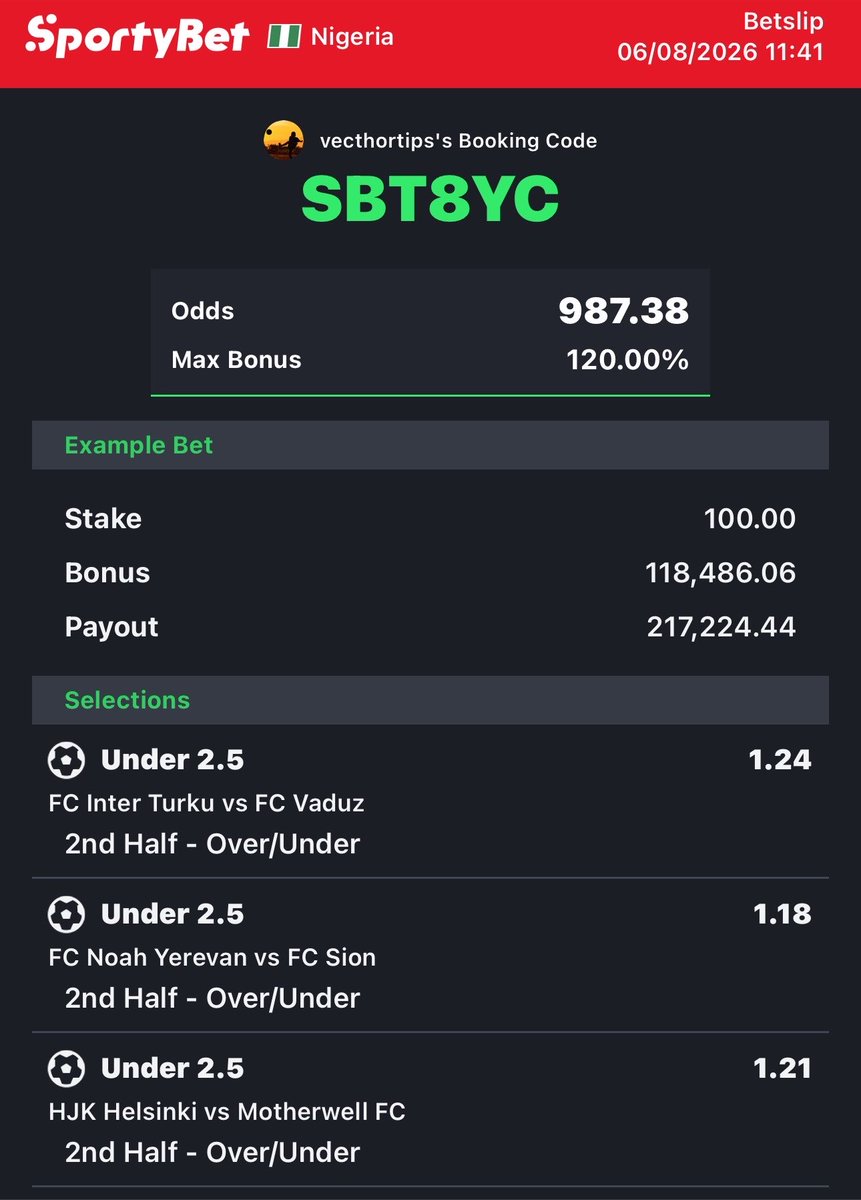 VecthorTips's tweet photo. SBT8YC

K8PVH6

2ND HALF UNDER 2.5 
https://t.co/qPfgvqIDq2 https://t.co/oZTzy2svab