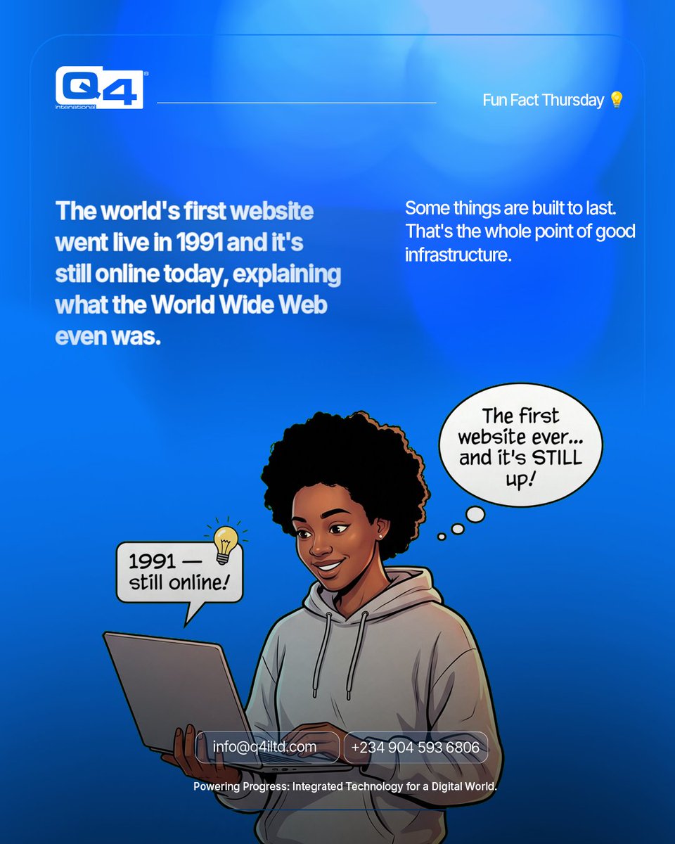 Q4international's tweet photo. Fun Fact Thursday 

The world's first website went live in 1991 — and it's still online today, explaining what the World Wide Web even was.

Did you know this? Comment below, and follow @q4international for more.

#FunFactThursday #Q4ILimited https://t.co/7EHJjBm0Ez