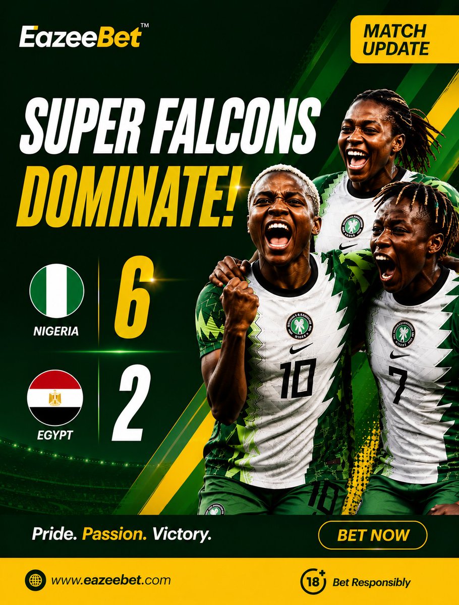 EazeeBetng's tweet photo. GOAL FEST....
Nigeria 6 - 2 Egypt. The Super Falcons delivered a football masterclass.
#EazeeBet #WAFCON #ANewOsunwithAMBO #LagosOnDisplay https://t.co/j8O60jo85I