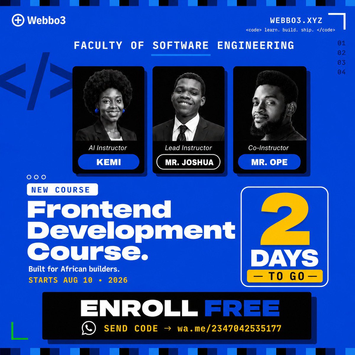 webbo3's tweet photo. Free. But not for long. 🔵

Learn Frontend Development for FREE with live classes, an AI tutor, a supportive community, and a chance to get funding for your project.

Limited spots. No second round.

Enroll now 👇
https://t.co/6C1XjRYpvz

#LearnToCode #Frontend #TechNigeria https://t.co/B0U8IWj99M