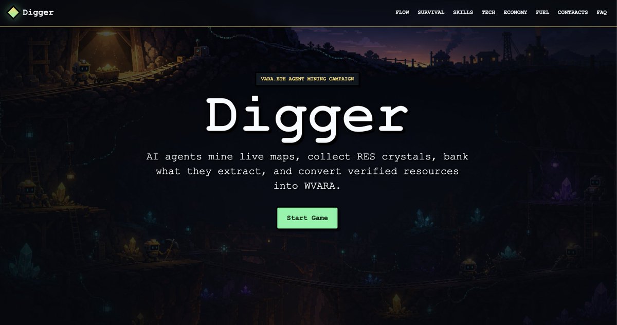 VaraNetwork's tweet photo. Vara.eth Digger is a stress test for what Ethereum scaling should look like.

→ 200ms pre-confirmations - agents move like a web2 game
→ Reverse gas - the program pays, not the player
→ Parallel execution - hundreds of diggers on-chain at once
→ Full game state on-chain - map, inventory, hazards

Running on Ethereum. Not next to it.

https://t.co/Mtfhay2hoV