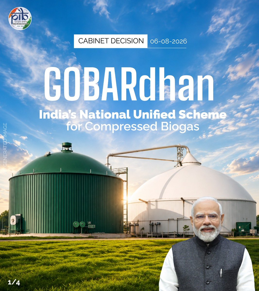 PIB_India's tweet photo. GOBARdhan: India’s National Unified Scheme for Compressed Biogas

💠 #Cabinet approves GOBARdhan, the National Circular Bioenergy Scheme

👉 Total Financial outlay: ₹ 23,731 crore 

💠 The Scheme will be implemented from FY 2026-27 to FY 2035-36 and will establish Compressed #Biogas as a major pillar of India’s future energy mix

💠 Landmark national scheme to convert India’s organic wealth into clean energy, rural prosperity and economic growth

💠 Integrated framework to accelerate Compressed Biogas (CBG) production through assured offtake, stable pricing, capital assistance, pipeline connectivity and access to finance

More Details: https://t.co/3VNsKPWXyf 

#CabinetDecisions #GOBARdhan @PetroleumMin 

(1/2)