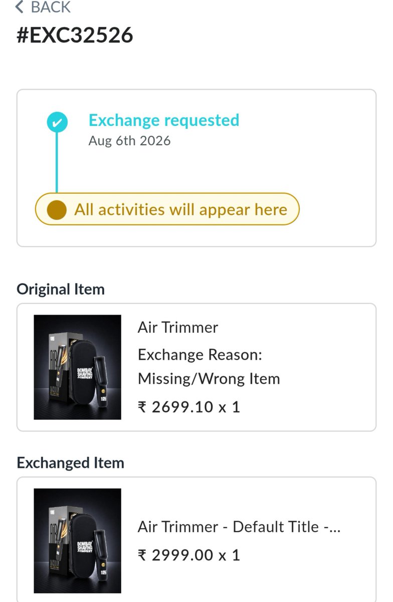 Deepaks126's tweet photo. @BombayShavingCo 
Ordered ₹2,999 Full Body Trimmer(Order ID: BSC2003587991)but received wrong product. 
Exchange request been raised.
This is disappointing and wastes customers'time
Please send the correct product ASAP Bad Service
#ConsumerRights #WrongProduct
 #CustomerReview https://t.co/0AvC5Jr7O2