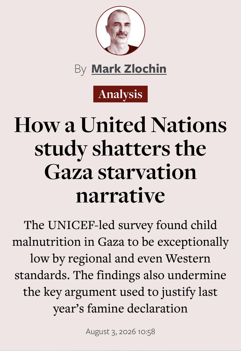 camalees's tweet photo. NUNCA HOUVE FOME EM GAZA, DIZ RELATÓRIO DA ONU

Um inquérito sobre nutrição das crianças de Gaza, recentemente divulgado e liderado pela ONU, desmonta completamente a narrativa promovida por alguns que continuam a afirmar que a população de Gaza — e as crianças, em particular — estão a ser deliberadamente submetidas  à fome. Igualmente importante, desferiu também um golpe final na designação altamente controversa de “fome”, emitida há um ano pelo Comité de Revisão da Fome do sistema de Classificação Integrada das Fases de Segurança Alimentar (IPC), apoiado pela ONU.

O inquérito, realizado sob a coordenação do Cluster de Nutrição — o órgão liderado pela UNICEF que gere o sistema de vigilância nutricional de Gaza —, mediu o peso, a altura e a circunferência do braço na parte média-superior das crianças. Os dados foram depois utilizados para calcular o z-score de peso para a altura, ou WHZ — o indicador padrão utilizado pela Organização Mundial de Saúde e por outros organismos para comparar os níveis de desnutrição aguda entre populações e ao longo do tempo.

Contrariamente à narrativa predominante, o inquérito revelou que a desnutrição aguda, medida pelo índice WHZ, variou entre apenas 0,2 % e 0,8 % nas diferentes regiões de Gaza. A título de comparação, a taxa registada em Gaza antes da guerra era de 0,8 por cento — uma taxa já relativamente baixa, comparável às observadas em países desenvolvidos e bem inferior às registadas em países vizinhos, como o Egito (2,9 por cento) ou a Jordânia (2,0 por cento). Por outras palavras, o nível medido de desnutrição aguda não só está bem abaixo dos níveis críticos, como é excepcionalmente baixo, tanto segundo os padrões regionais como, inclusive, segundo os padrões ocidentais.

As novas descobertas não só desmentem completamente a mais recente versão da narrativa insistente que alega que Israel não está a permitir a entrada de alimentos suficientes em Gaza, como também minam o argumento-chave utilizado para justificar a declaração original de fome, que alguns ainda citam como a sua base probatória.

Para declarar formalmente uma “fome” de Fase 5, tal como o IPC fez em agosto de 2025, uma condição essencial é que pelo menos 30 por cento das crianças com menos de cinco anos apresentem desnutrição aguda, medida pelo WHZ. Uma vez que não estavam disponíveis dados do WHZ para Gaza quando a fome foi declarada no ano passado, o IPC baseou-se, em vez disso, na medição da circunferência do braço médio-superior (MUAC), mais facilmente acessível. Além disso, argumentou, com base em comparações globais anteriores entre os dois indicadores, que o WHZ identifica geralmente cerca do dobro de casos de desnutrição aguda do que o MUAC e, por conseguinte, que uma prevalência muito mais baixa do MUAC, de 15 por cento, poderia supostamente ser considerada equivalente ao limiar de fome de 30 por cento do WHZ.

Será que veremos isto na capa de algum jornal ? 

Partilhem se vos fizer sentido. Uma mentira repetida acriticamente pelos media causou um crescimento exponencial do anti-semitismo. Velhos métodos estalinistas.