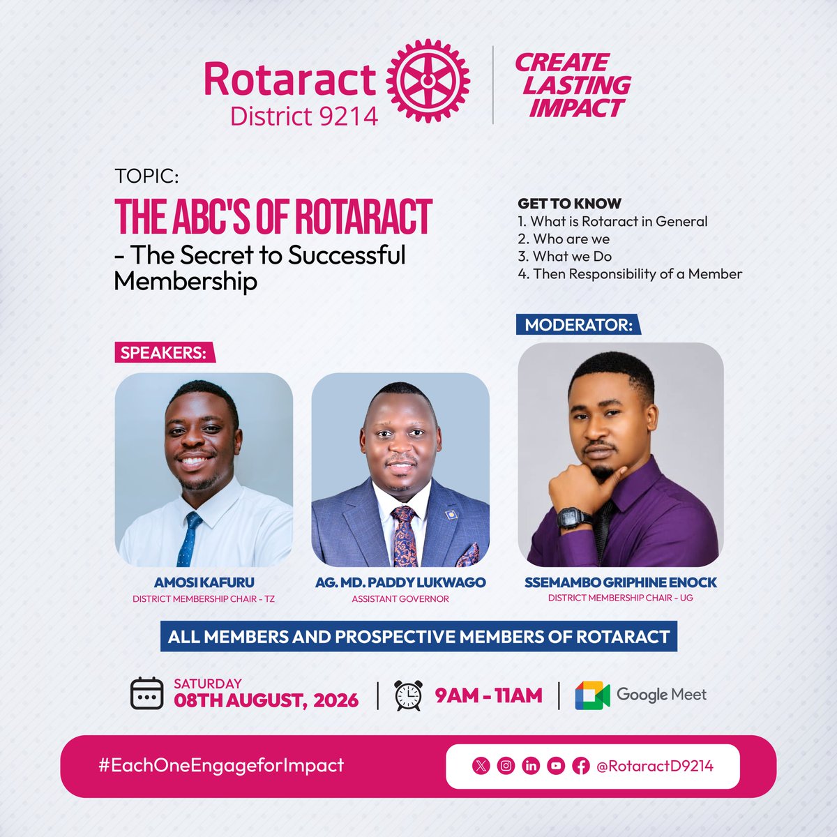 RotaractD9214's tweet photo. 🚨 THE ABC's OF ROTARACT – The Secret to Successful Membership 🚨

Are you a Rotaractor or someone interested in joining Rotaract? This session is designed just for you!

Join us as we take you through the fundamentals of Rotaract from understanding who we are, what we do, and most importantly, the responsibilities that come with being a Rotaract member.

📅 Date: Saturday, 8 August 2026
🕘 Time: 9:00 AM – 11:00 AM (Africa/Nairobi)
💻 Platform: Google Meet

🔗 Join the meeting:
https://t.co/oNWh9nNRJ6

📌 Save it to your calendar so you don't miss out:
https://t.co/kaby0fBQga

Invite a friend. Share the opportunity. Grow Rotaract together!

#TheABCsOfRotaract #RotaractD9214 #CreateLastingImpact #EachOneEngageForImpact #Rotaract #Membership #ServiceAboveSelf #PeopleOfAction