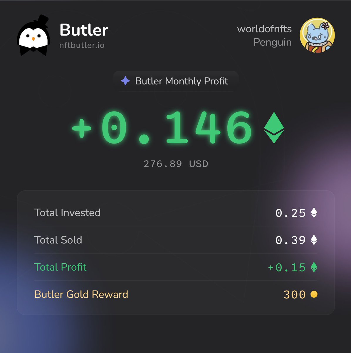 Vincentngnft's tweet photo. 0.146 Ξ in profit made in the last 6 days using @nftbutler 💰📈

Sharing on X to grab my extra 300 Butler Gold 🟠
Bidding’s a breeze with NFT Butler in my arsenal!  🐧

#NFT #NFTCommunity #NFTButler

https://t.co/xevYzlVzit https://t.co/eNUxUPpzaU