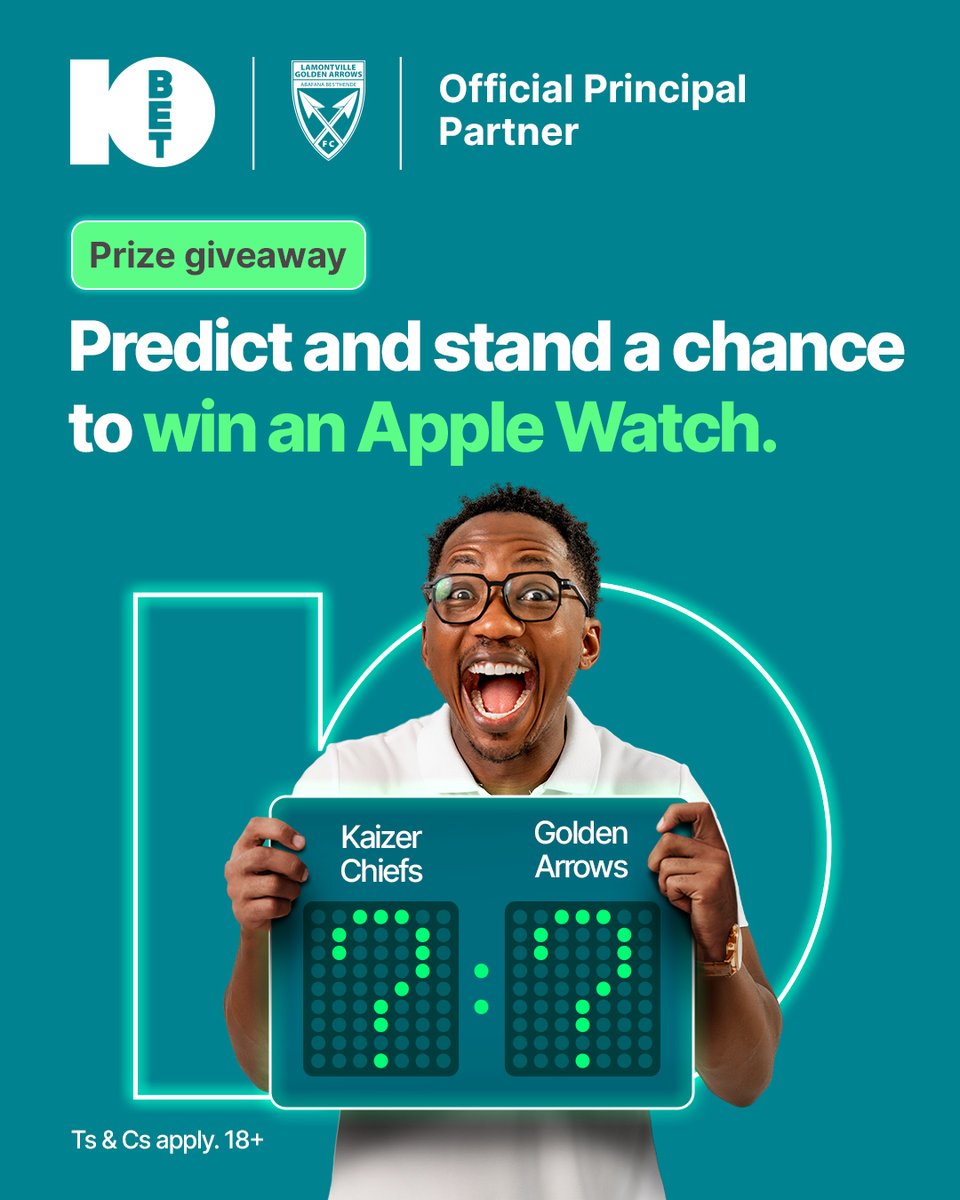 10bet_ZA's tweet photo. What’s your final score prediction for Kaizer Chiefs vs Golden Arrows? ⚽  

Stand a chance to win an Apple Watch Series 10

 All you have to do is:  

-Predict the final score in the comments 
-Follow our page 
-Share this post 
-Use Hashtag 10bet in your comment. 

One lucky winner will be randomly selected.  

T&Cs apply.