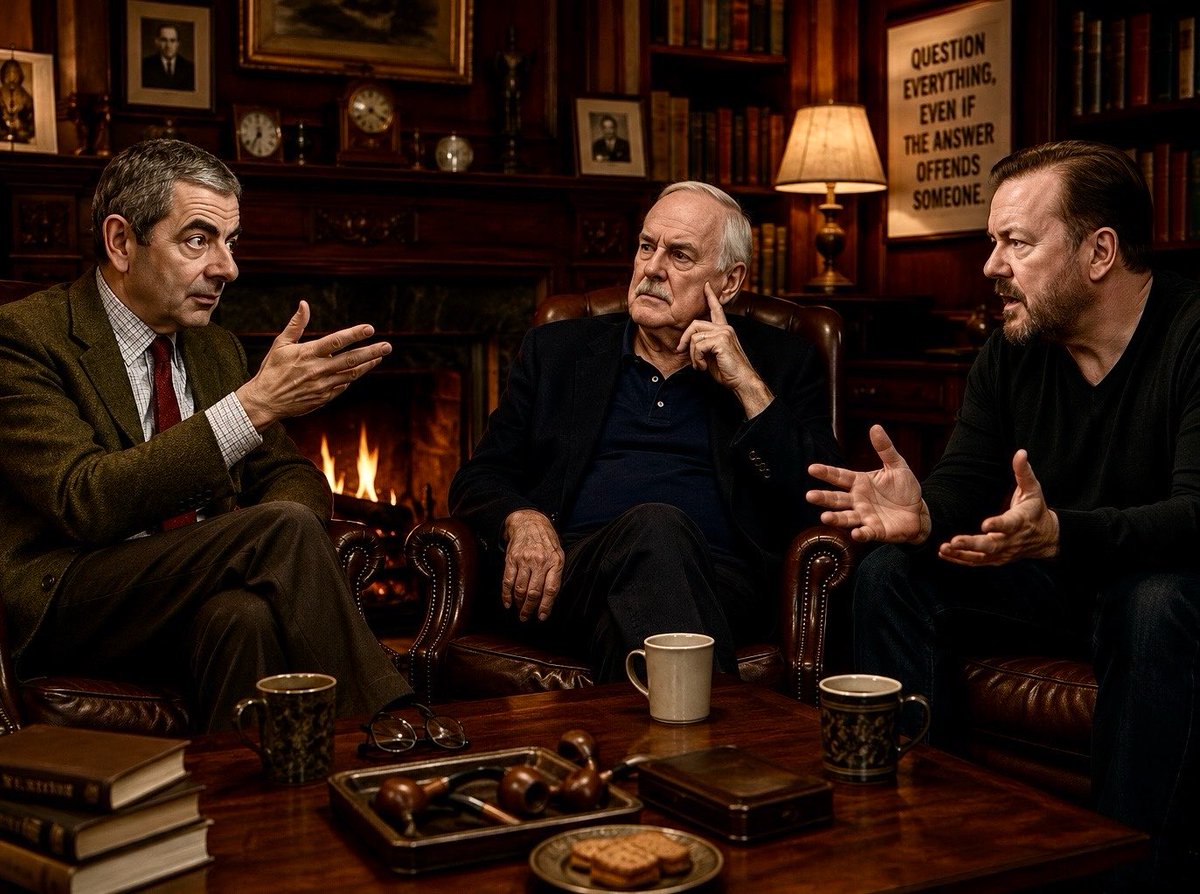 Kristof_Poland's tweet photo. A Fire, Three Armchairs, and a Dangerous Amount of Common Sense

John Cleese: You know what fascinates me? We have more information than any civilization in history… and yet people appear to have outsourced thinking.

Ricky Gervais: Thinking’s exhausting. Much easier to download your opinion from social media before breakfast.

Rowan Atkinson: The remarkable thing isn’t that people disagree. It’s that so many have stopped asking the obvious question: “Does this make any sense?”

Cleese: Common sense has become a revolutionary act.

Gervais: It’s brilliant. You point out that two plus two equals four and suddenly you’re “creating an unsafe environment.”

Atkinson: We used to laugh at absurdity. Now we hire consultants to explain why it’s actually profound.

Cleese: Bureaucracy has always had that gift. It can transform complete nonsense into a seventy-page policy document.

Gervais: With an executive summary nobody reads.

Atkinson: And a diversity statement.

Cleese: Naturally.

(They laugh.)

Gervais: Here’s the strange part. Everyone claims to love free speech… right up until somebody says something they dislike.

Cleese: That’s because many people don’t actually want freedom. They want confirmation.

Atkinson: The purpose of free speech was never to protect popular opinions. Popular opinions don’t require protection.

Gervais: Exactly! Nobody gets cancelled for saying puppies are nice.

Cleese: Yet humour has always been civilisation’s quality-control mechanism. If something cannot survive a joke, perhaps it wasn’t particularly sturdy.

Atkinson: Humour punctures pomposity. That’s why pompous people dislike comedians.

Gervais: They hate being reminded they’re ridiculous.

Cleese: The world has become rather fond of taking itself incredibly seriously.

Atkinson: Which is ironic, because seriousness and wisdom are entirely different things.

Gervais: The cleverest people I know usually laugh first.

(A log collapses in the fireplace.)

Cleese: Politics, these days, resembles amateur theatre.

Gervais: No, that’s unfair.

Cleese: To whom?

Gervais: Amateur theatre.

(More laughter.)

Atkinson: Perhaps the problem isn’t left or right.

Cleese: Go on.

Atkinson: Perhaps it’s reality versus performance. Solving problems is difficult. Looking as though you’re solving them is much easier.

Gervais: That’s social media in one sentence.

Cleese: And a fair amount of government.

Atkinson: Common sense asks inconvenient questions. Does it work? Does it improve lives? Is it true?

Gervais: Instead we ask, “Will people clap?”

Cleese: Applause has become a substitute for evidence.

Atkinson: Which explains a great many things.

(Silence for a moment as they sip their tea.)

Gervais: You know what gives me hope?

Cleese: Go on.

Gervais: Ordinary people. Most of them haven’t gone mad. They still know when something feels fake. They still recognise honesty. They still laugh at the obvious.

Atkinson: Common sense is remarkably resilient.

Cleese: It merely spends long periods hiding from fashionable stupidity.

Gervais: Then here’s a toast.

Atkinson: To what?

Gervais: To curiosity.

Cleese: To laughter.

Atkinson: And to the quiet courage of saying, politely but firmly…

All three: “I’m sorry—but that’s complete nonsense.”