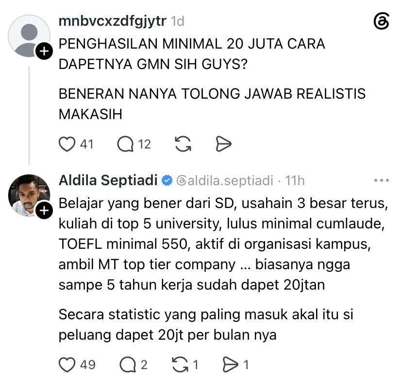 LambeSahamjja's tweet photo. pendapat bang aldila but dapat gaji 20jt:
- belajar yang bener dari sd usahain masuk 3 besar terus
- kuliah di top 5 universitas
- lulus minimal cumlaude
- toefl minimal 550
- aktif di organisasi kampus
- ambil program mt (management trainee) di top tier company
- dia bilang secara statistik itu jalur yang paling masuk akal buat bisa dapet penghasilan segitu per bulan