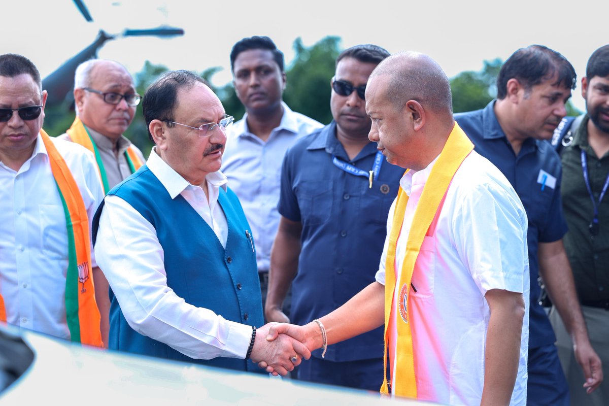 KalingMoyongBJP's tweet photo. Glad to welcome Hon’ble Union Minister of Health & Family Welfare and Union Minister of Chemicals & Fertilizers, Shri @JPNadda Ji, to the Land of the Rising Sun, Arunachal Pradesh, along with State Office Bearers and Morchas.

Heartfelt gratitude to Hon’ble Prime Minister Shri @narendramodi Ji for his unwavering concern and steadfast support for the people of Arunachal Pradesh during this difficult time. Shri J.P. Nadda Ji’s visit to the flash flood and cloudburst-affected areas reflects the Government of India’s commitment to ensuring timely relief, rehabilitation, and all possible assistance to the affected families.

1/2