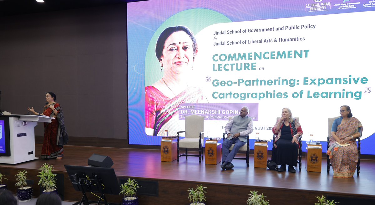 JindalGlobalUNI's tweet photo. Delighted to welcome Dr. Meenakshi Gopinath, eminent educationist, political scientist, author, and former Principal of Lady Shri Ram College, University of Delhi, for the 2nd PPE Commencement Lecture, "Geo-Partnering: Expansive Cartographies of Learning," hosted by the Jindal School of Government and Public Policy (JSGP) and @JGU_JSLH.