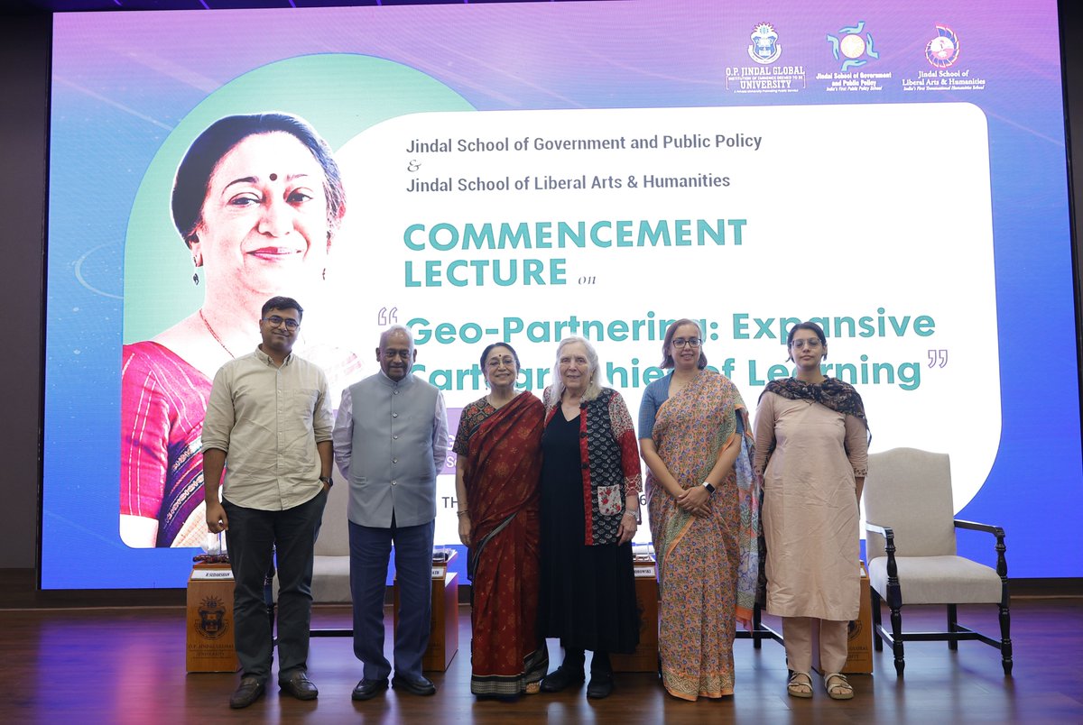 JindalGlobalUNI's tweet photo. Delighted to welcome Dr. Meenakshi Gopinath, eminent educationist, political scientist, author, and former Principal of Lady Shri Ram College, University of Delhi, for the 2nd PPE Commencement Lecture, "Geo-Partnering: Expansive Cartographies of Learning," hosted by the Jindal School of Government and Public Policy (JSGP) and @JGU_JSLH.